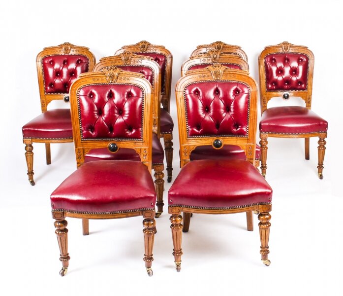 Antique Set 8 English Carved Oak Leather Upholstered Dining Chairs C1860 19thC | Ref. no. 09943 | Regent Antiques
