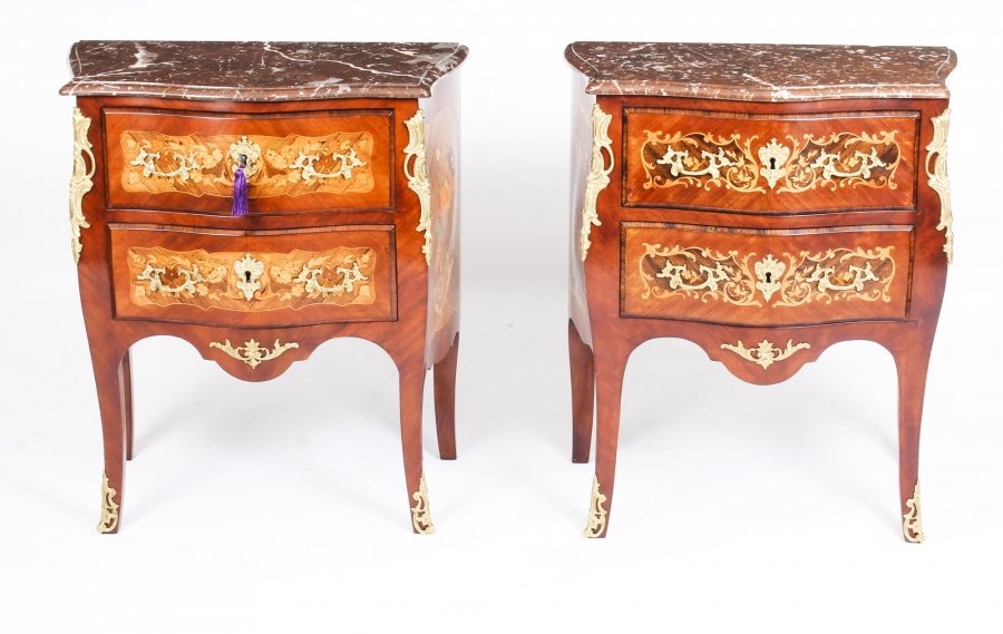 Antique Pair French Kingwood Marquetry Bombe Commodes  Bedside Chests 19th C | Ref. no. 09976 | Regent Antiques