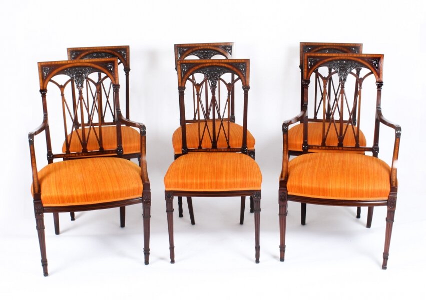 Antique Set 6 Sheraton Revival Mahogany and Satinwood Dining Chairs Ca 1900 | Ref. no. A1078 | Regent Antiques