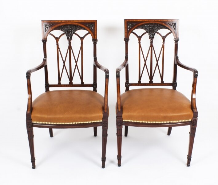 Antique Pair Sheraton Revival  Satinwood Banded Arm Chairs 19th Century | Ref. no. A1078x | Regent Antiques