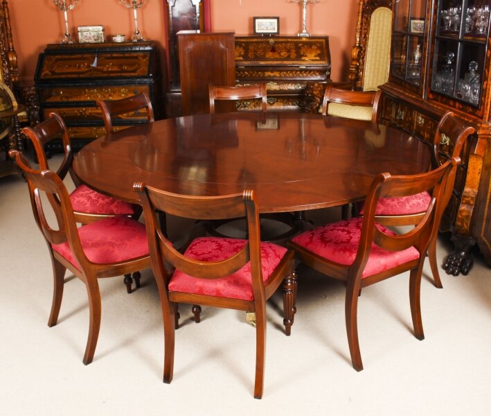 Vintage 6ft Diam Mahogany Jupe Dining Table, Leaf Cabinet & 8 Chairs Mid 20th C | Ref. no. A1087a | Regent Antiques