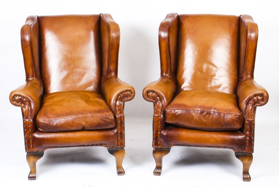 Vintage Pair Tan  Leather Chesterfield Wingback Armchairs  late 20th Century | Ref. no. A1174 | Regent Antiques