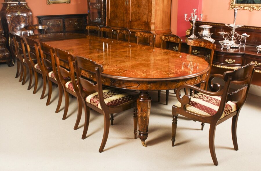 Bespoke Handmade Marquetry Burr Walnut Dining Table & 14 Dining  Chairs | Ref. no. A1203a | Regent Antiques