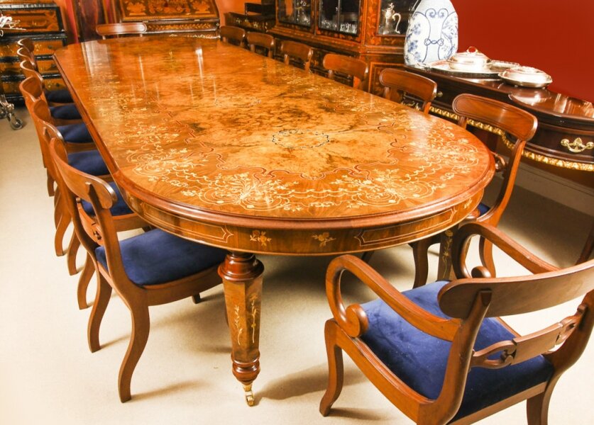 Bespoke Handmade Marquetry Burr Walnut Dining Table & 14 Antique Dining  Chairs | Ref. no. A1203b | Regent Antiques