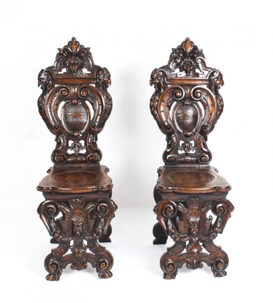 Antique Rare & Unusual Pair Carved Italian Walnut Sgabello Hall Chairs  19th C | Ref. no. A1207 | Regent Antiques