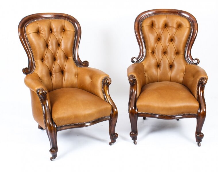 Antique Pair English Victorian  Mahogany Spoonback Leather Armchairs 19th C | Ref. no. A1219 | Regent Antiques