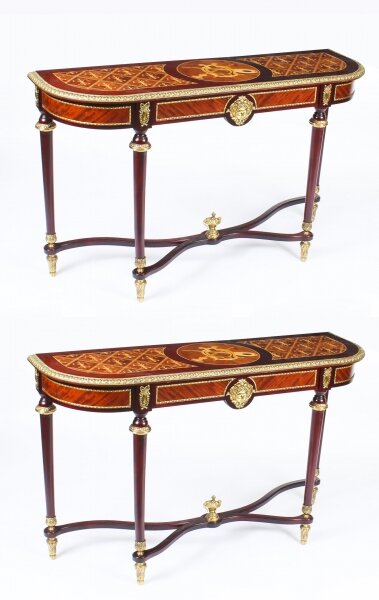 Vintage Pair of Meuble Francais marquetry inlaid console tables, 20th Century | Ref. no. A1234 | Regent Antiques