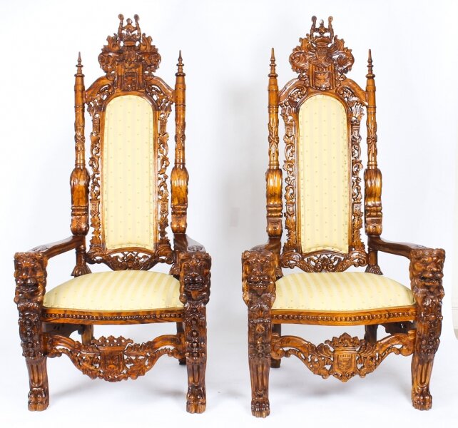 Monumental Pair of Carved Lions Heads Heraldry Throne Chairs Circa 1900. | Ref. no. A1309 | Regent Antiques