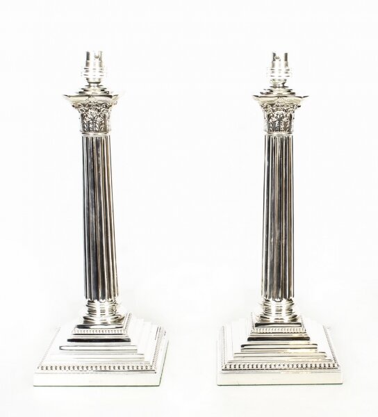 Pair Antique Victorian Silver Plated Corinthian Column Table Lamps 19th C | Ref. no. A1357 | Regent Antiques