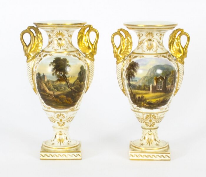 Antique Pair Derby Gilt Swan Neck Handled Ovoid Cabinet Vases 18th Century | Ref. no. A1405 | Regent Antiques