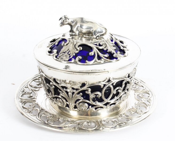 Antique Old Sheffield Silver Plated & Bristol Blue Glass Butter Dish 19th C | Ref. no. A1527 | Regent Antiques