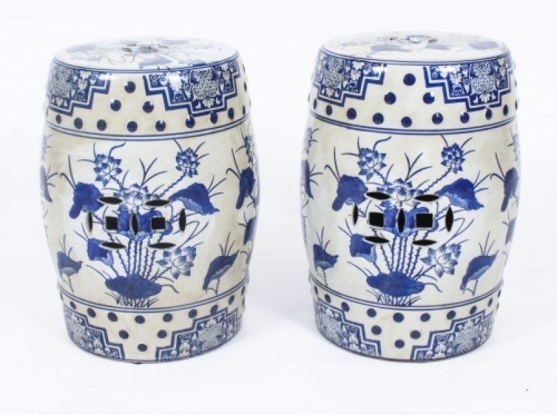Vintage Pair Japanese Blue & White Porcelain Garden Seats 20th Century Vintage Pair Japanese Blue & White Porcelain Garden Seats 20th Century | Ref. no. A1692b | Regent Antiques
