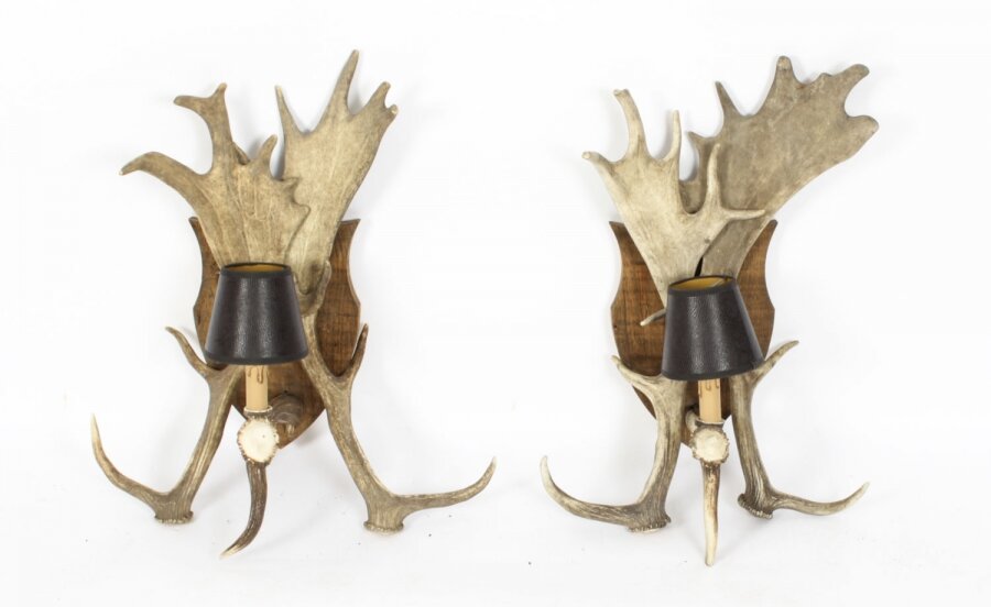 Vintage Pair  Red Deer Antler Wall Lights Mid 20th Century | Ref. no. A1787a | Regent Antiques
