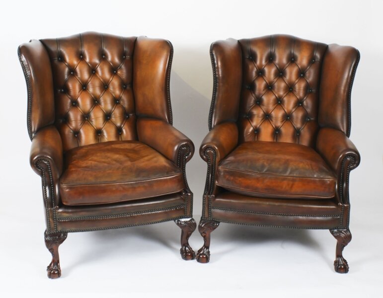 Antique Pair Leather Chippendale  Revival Wingback Armchairs c.1920 20th C | Ref. no. A1789 | Regent Antiques