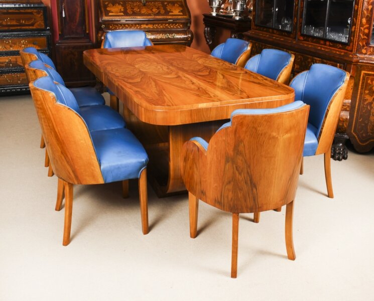 Antique Art Deco Burr Walnut Dining Table & 8 Cloud Back Chairs  C1930 | Ref. no. A1918 | Regent Antiques