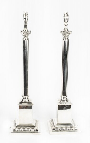Pair Antique Edwardian Silver Plated Corinthian Column Table Lamps C1910 | Ref. no. A1970b | Regent Antiques