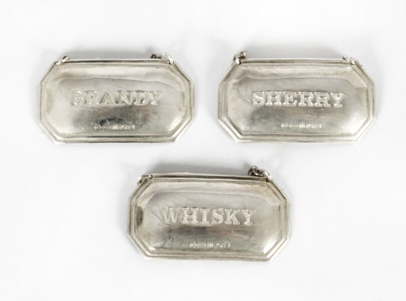 Vintage Set 3 Sterling Silver  Drink Labels Whisky,Brandy Dry Sherry  Dated 2007 | Ref. no. A2021a | Regent Antiques