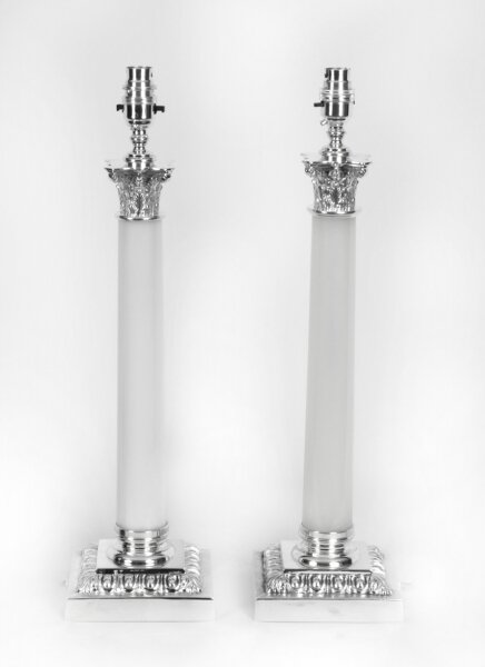 Antique Pair Silver Plated Opaline Glass Corinthian Table Lamps  20th C | Ref. no. A2038 | Regent Antiques