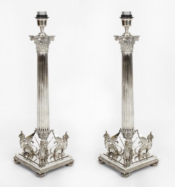 Antique Monumental Pair Silver Plated Corinthian Column Table Lamps 19th C | Ref. no. A2040 | Regent Antiques