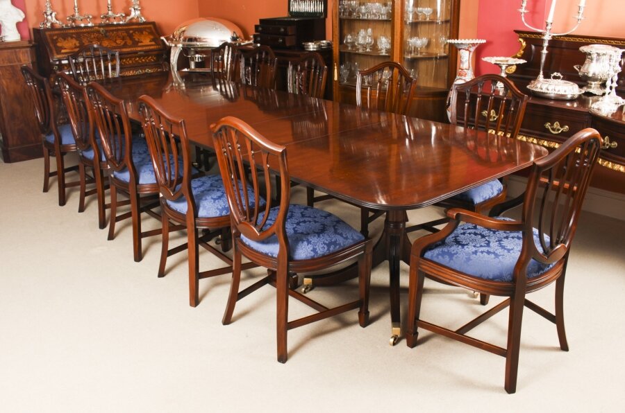 Vintage 3 Pillar Dining Table by William Tillman & 12 Hepplewhite chairs  20th C | Ref. no. A2117a | Regent Antiques