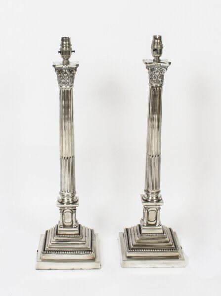 Antique Pair 2ft Silver Plated Corinthian Column Table Lamps C1910 | Ref. no. A2256 | Regent Antiques