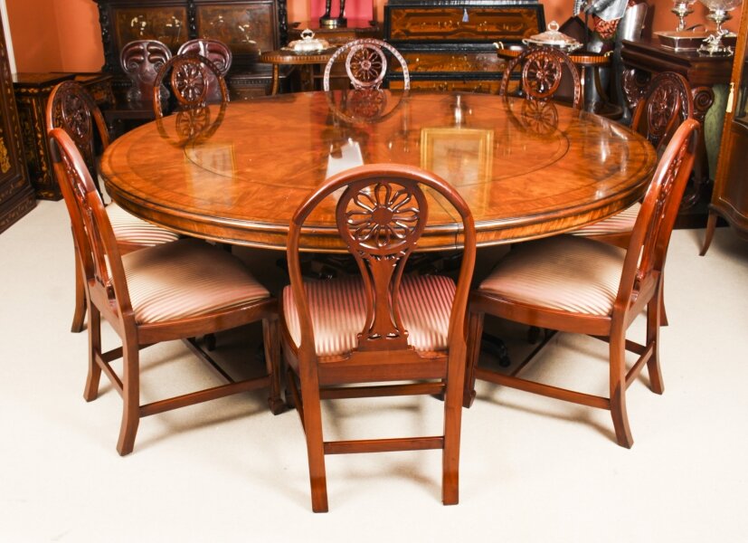 Vintage 7ft diameter Flame Mahogany Jupe Dining Table & 8 chairs 20th C | Ref. no. A2257a | Regent Antiques
