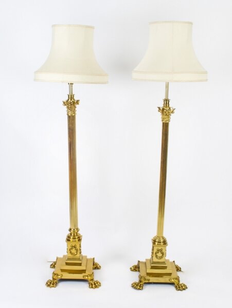 Antique Pair Victorian Brass Corinthian Column Adjustable  Standard Lamps 19th C | Ref. no. A2258 | Regent Antiques