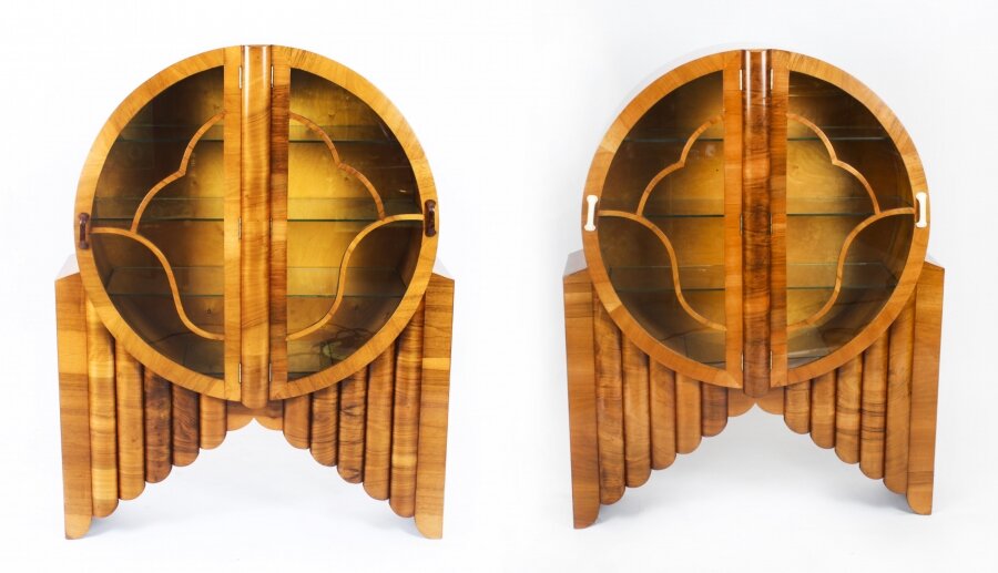 Antique Pair Art Deco Burr Walnut Rocket Display Cabinets c.1920 | Ref. no. A2307a | Regent Antiques