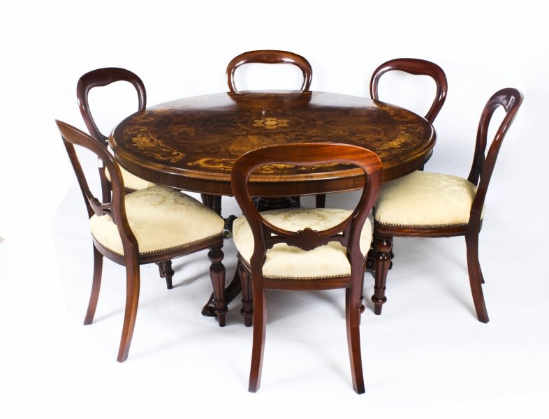 Antique Round Burr Walnut Marquetry Loo Table  19th C & 6 vintage chairs | Ref. no. A2554a | Regent Antiques