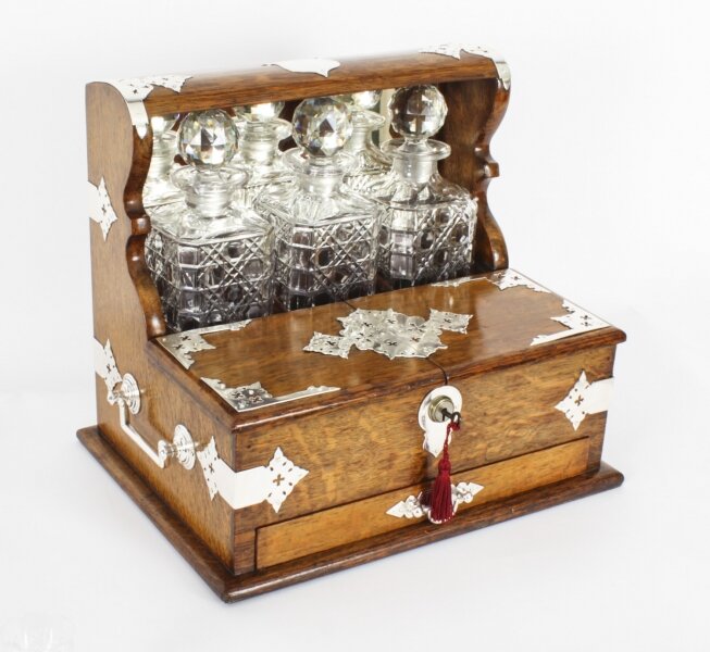 Antique English Victorian Golden Oak 3 Crystal Decanter Tantalus Dry Bar 19th C | Ref. no. A2558 | Regent Antiques