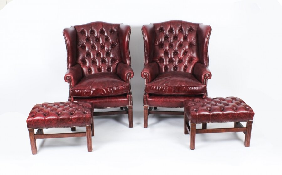 Bespoke Pair Leather Wingback Armchairs & Pair Stools Murano Port 20th C Bespoke Pair Leather Wingback Armchairs & Pair Stools Murano Port 20th C | Ref. no. A2612a | Regent Antiques