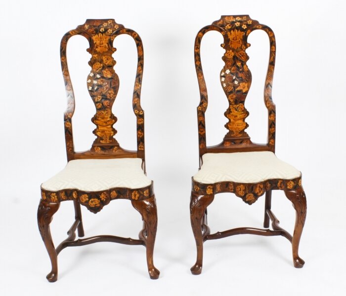 Antique Pair Dutch Marquetry Walnut High Back Side Chairs Late 18th C | Ref. no. A2620b | Regent Antiques