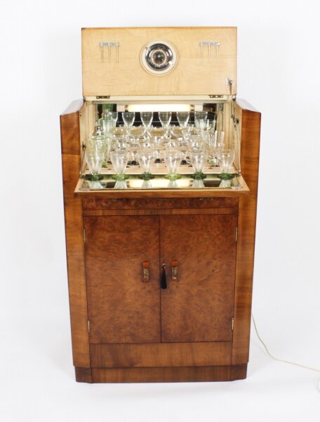 Antique Art Deco Burr Walnut Cocktail Cabinet Dry Bar  & Glassware  c.1920 | Ref. no. A2630 | Regent Antiques