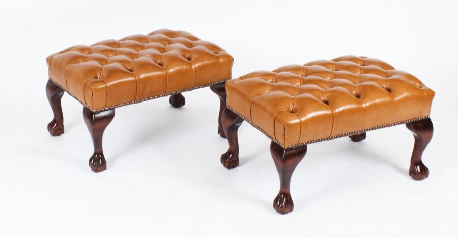 Bespoke Pair Chippendale Ball & Claw Leather Stool Bruciato. | Ref. no. A2678c | Regent Antiques