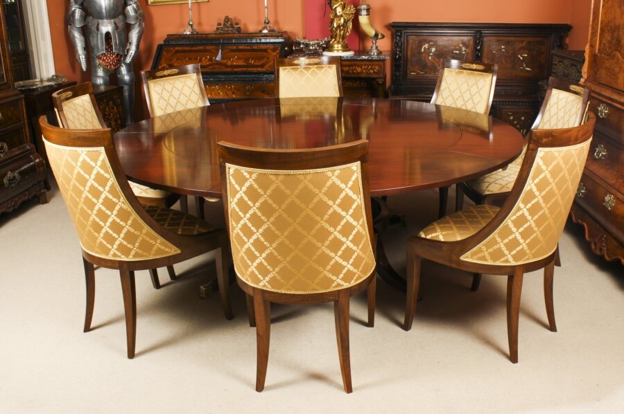 Vintage 7ft Diam Jupe Dining Table Leaf Cabinet & 8 Gondola Chairs mid 20th C Vintage 7ft Diam Jupe Dining Table Leaf Cabinet & 8 Gondola Chairs mid 20th C | Ref. no. A2737b | Regent Antiques