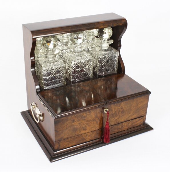 Antiqu Victorian Burr Walnut Three Crystal Decanter Tantalus Dry Bar 19th C | Ref. no. A2791 | Regent Antiques