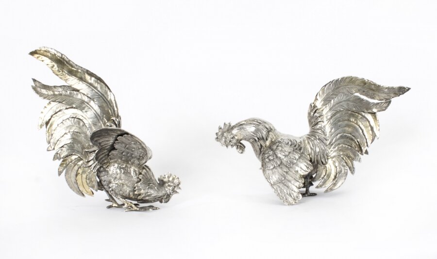 Antique Pair German Silver  Fighting Cockerels C 1880 19th C | Ref. no. A2885 | Regent Antiques