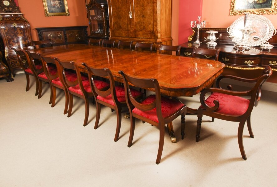 Vintage Brass Inlaid Twin Pillar Dining Table & 14 Swag back Chairs 20th C | Ref. no. A3005b | Regent Antiques