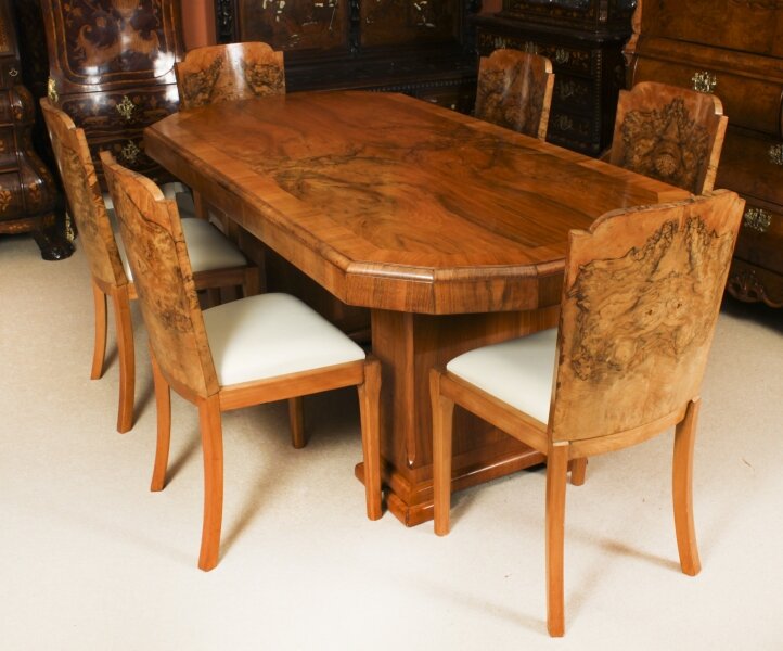 Antique Art Deco Burr Walnut Dining Table & 6 Shaped Back Chairs C1920   20th C | Ref. no. A3299 | Regent Antiques