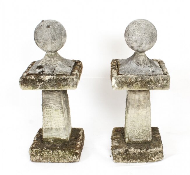 Vintage Pair of Reclaimed Weathered Composition Stone Ball Pier Caps 20thC | Ref. no. A3334a | Regent Antiques