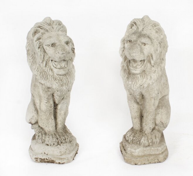 Vintage Pair of Reclaimed Weathered Composition Stone Lions 20thC | Ref. no. A3338a | Regent Antiques