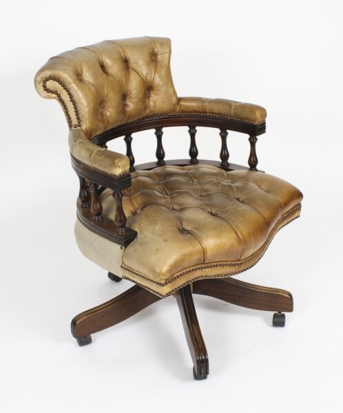 Vintage English Hand Made Leather Beige Captains Desk Chair | Ref. no. A3450 | Regent Antiques