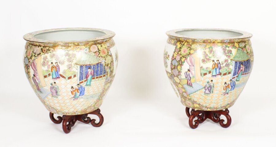 Vintage Pair Qing Dynasty Canton Famille Rose Chinese Vases on Stands 20th C | Ref. no. A3496 | Regent Antiques