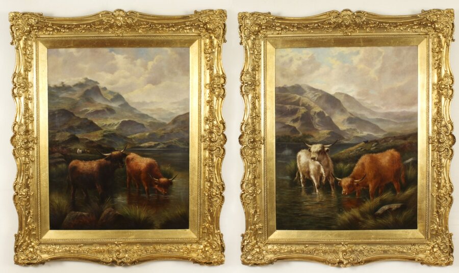 Antique Large Pair Scottish Highland Cattle Oil Paintings  3ft5 x 4ft2 19th C | Ref. no. A3635 | Regent Antiques