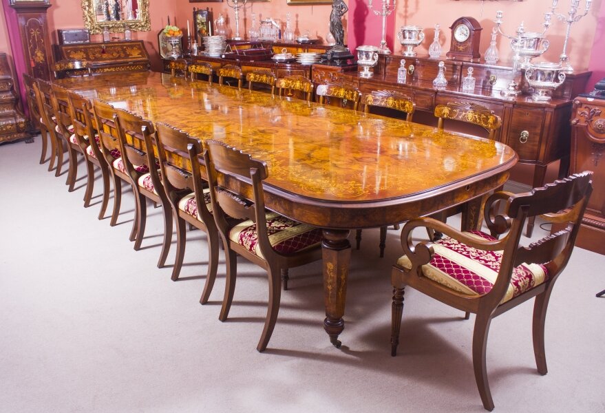 Vintage Marquetry Burr Walnut Extending Dining Table & 18 Chairs 20th C | Ref. no. A3644a | Regent Antiques