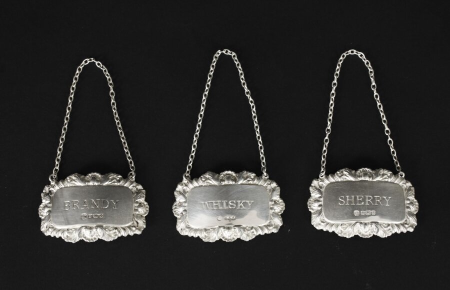 Vintage Set 3 Sterling Silver  Drink Labels Whisky,Brandy Sherry  Dated 1981 | Ref. no. A3650a | Regent Antiques