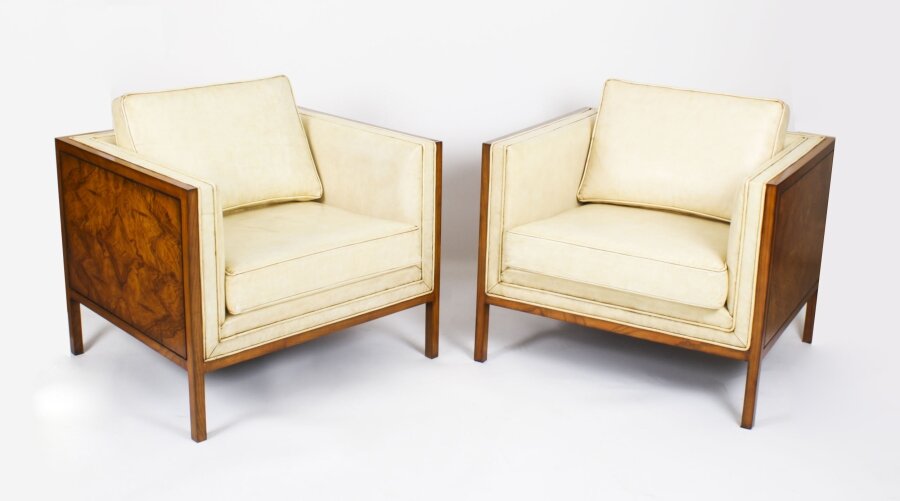 Antique Pair Art Deco Burr Walnut & Cream Leather Armchairs  Circa 1920 | Ref. no. A3659 | Regent Antiques