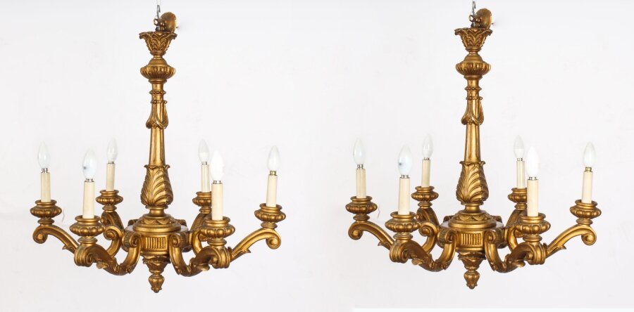 Antique Pair of Italian Giltwood Six Branch Chandeliers  C1920 | Ref. no. A3690 | Regent Antiques