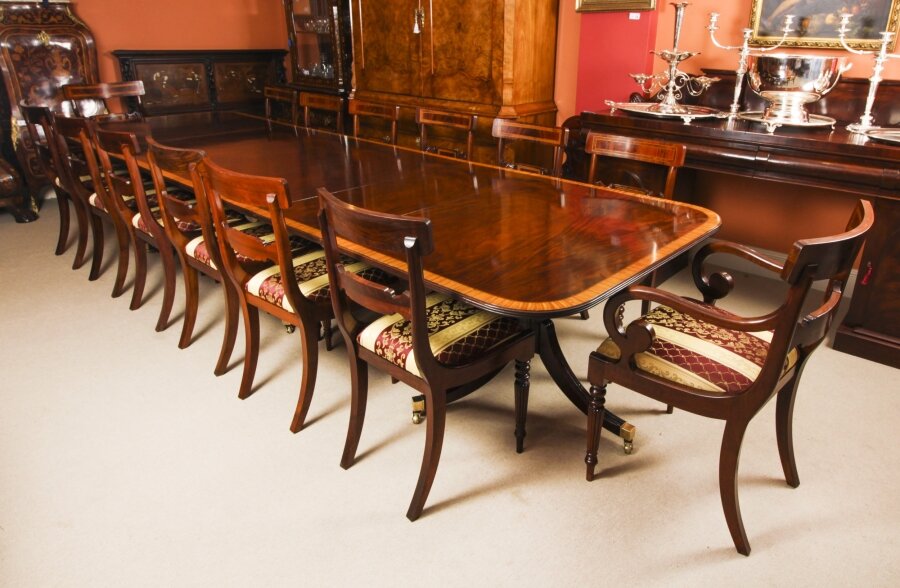 Vintage 13ft Three Pillar Mahogany Dining Table with 14 Chairs 20th C | Ref. no. A3779b | Regent Antiques