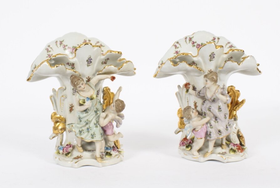 Vintage Pair of Delightful Dresden Style Porcelain Spill Vases 20th Century | Ref. no. A3881 | Regent Antiques